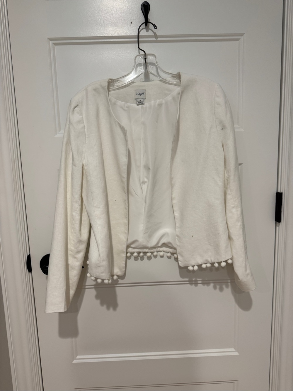 J. Crew White Open Blazer with Pom-Pom Trim